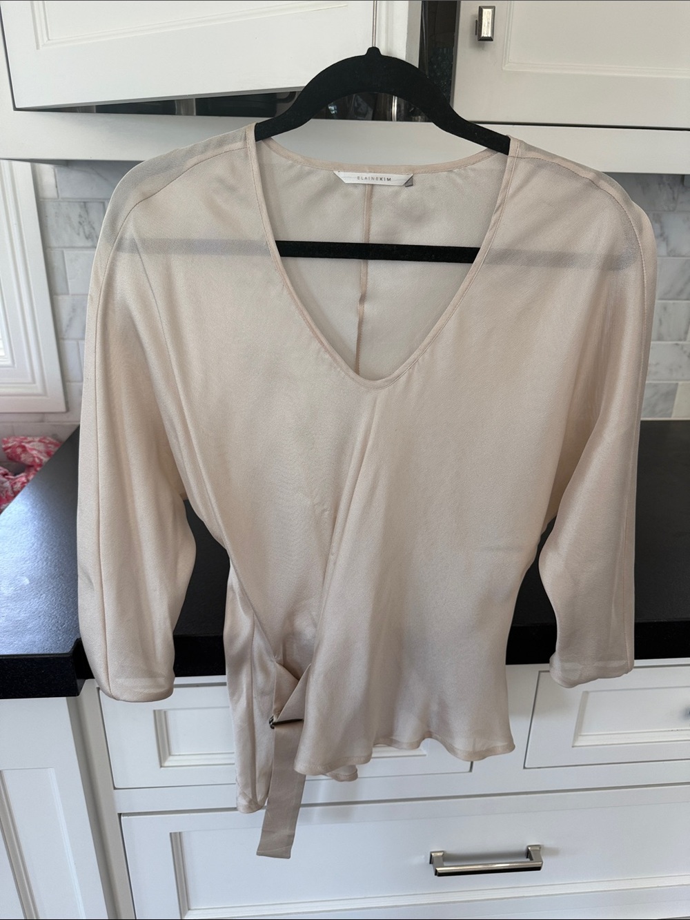 Elaine Kim Silky V-Neck Wrap Blouse in Light Beige